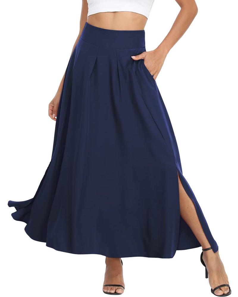 RANPHEE Women's Navy Blue Pleated Skirts Cute High Waist A Line Full Length Novelty Beach Travel Vacation Long Slit Skirt with Pockets XL 1X - Image 2